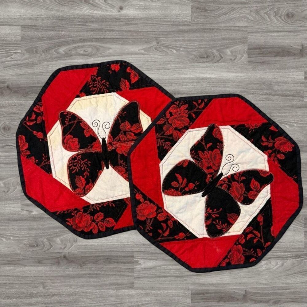 Butterfly Goth Gothic Red Black Quilted Placemats Set 2